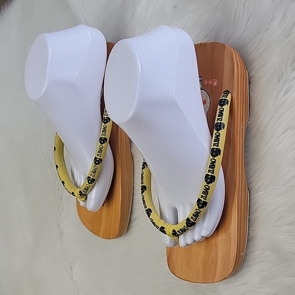 ZUBAO Geisha Japanese Style Wood Open Toe Slip On Yellow Thong Flip Flop Sandals - Picture 5 of 16